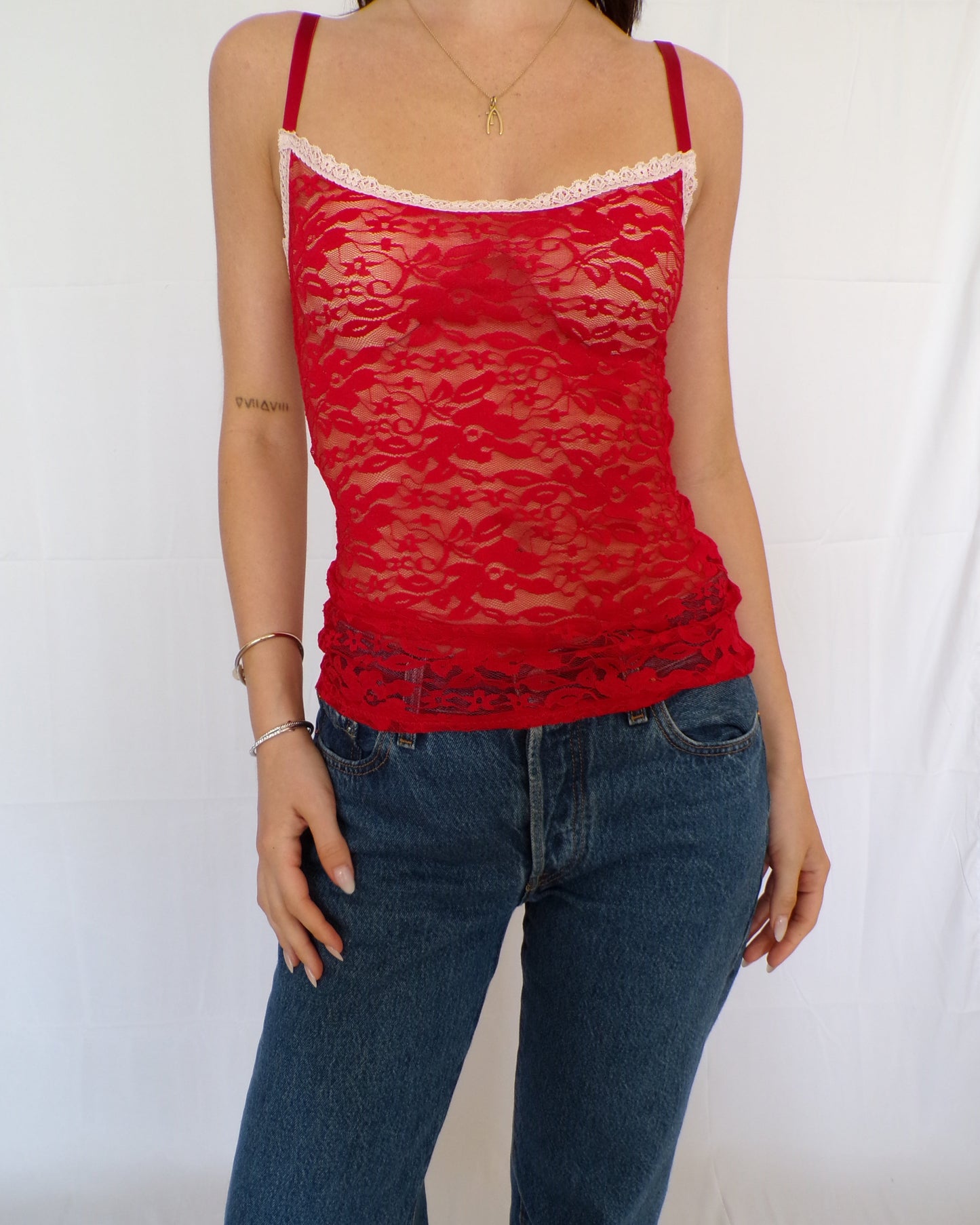 Red Lace Tank with Pink Lace Trim
