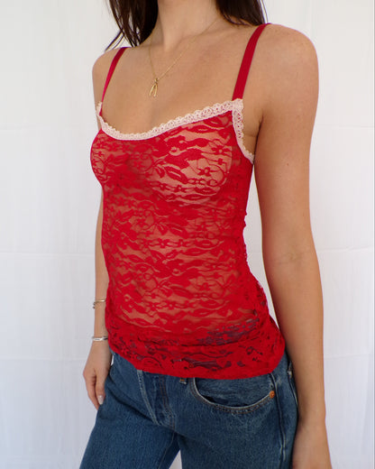 Red Lace Tank with Pink Lace Trim