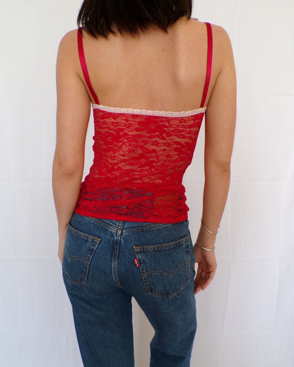 Red Lace Tank with Pink Lace Trim